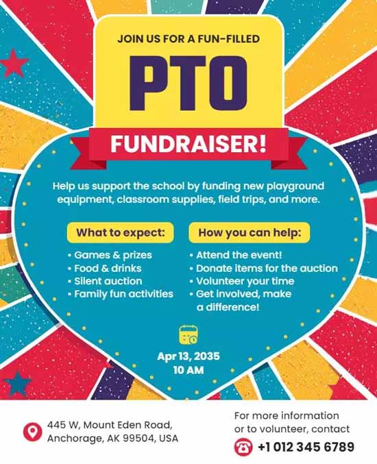 Retro Style School PTO Fundraiser Event Flyer with Vibrant and Creative Design