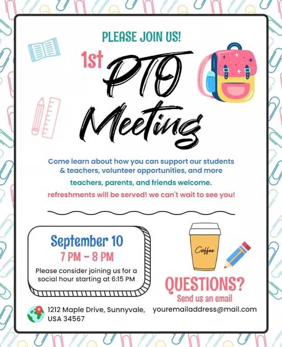 PTO Meeting Invitation Flyer with Clear Event Details and Professional Layout