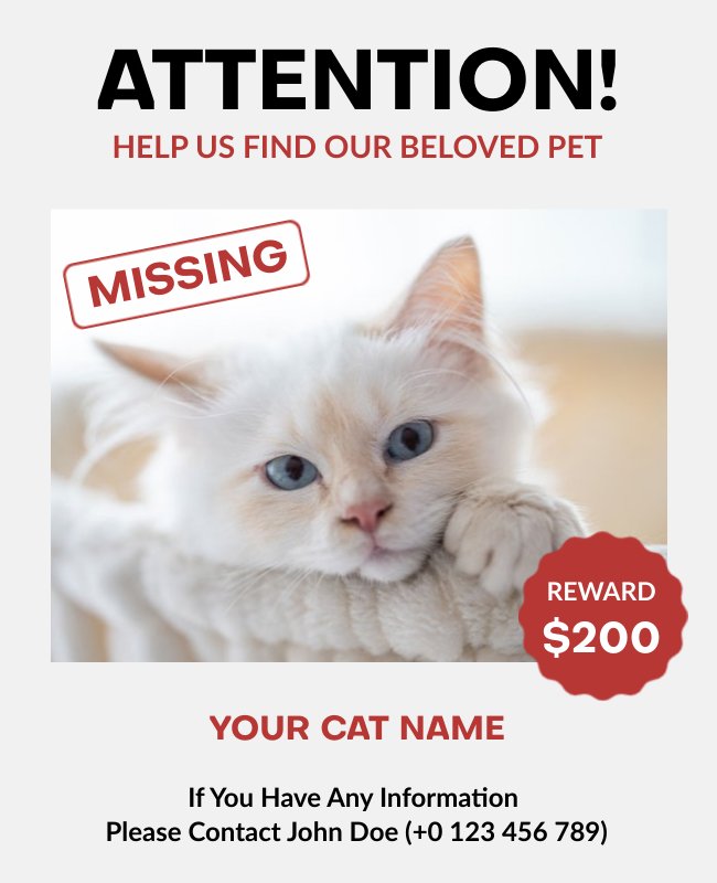 Bold flyer with clear text, pet photo, contact details, and a reward offer for assistance