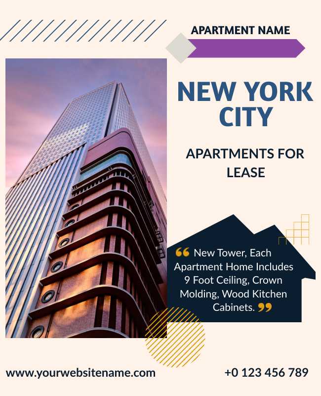 New York City apartment lease flyer with cityscape images and essential apartment details.