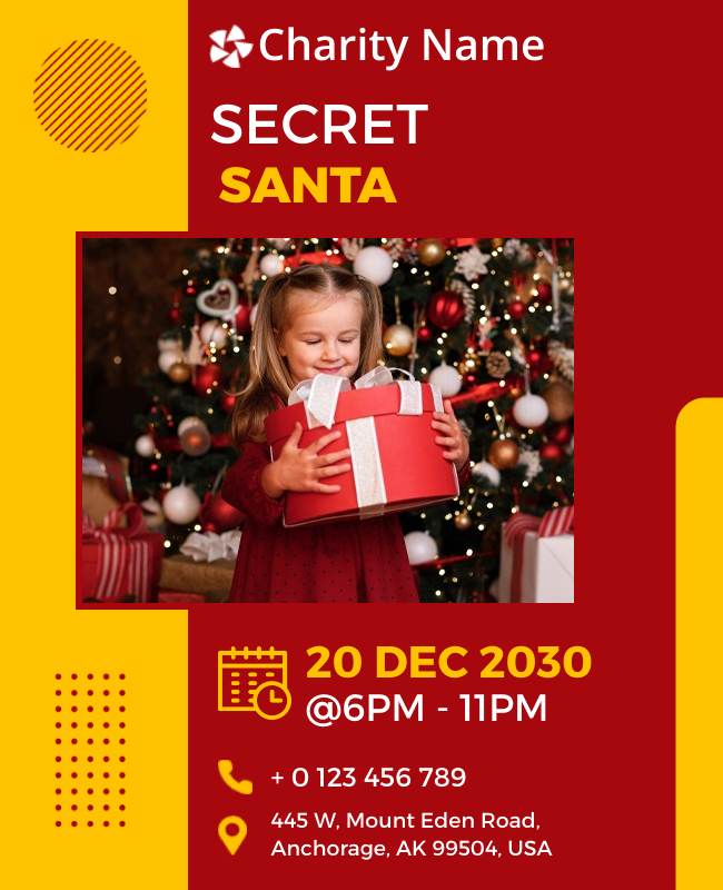 Festive flyer highlighting a Secret Santa charity event with donation details and holiday spirit