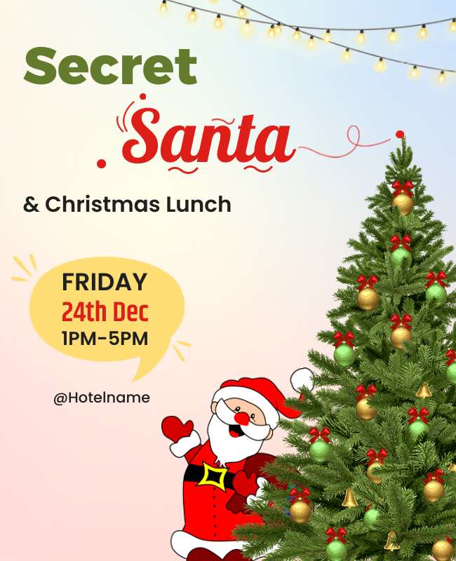 secret Santa flyer with classic Christmas colors, festive design, and holiday-themed elements