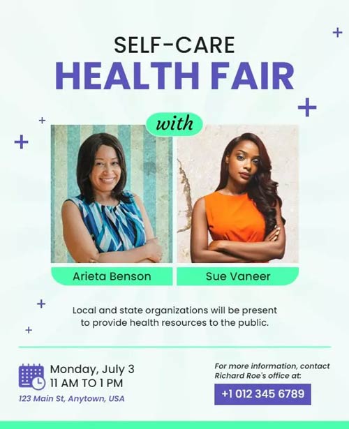 Flyer for Promoting Self-Care And Wellness At A Health Fair With Guest Speakers Details 