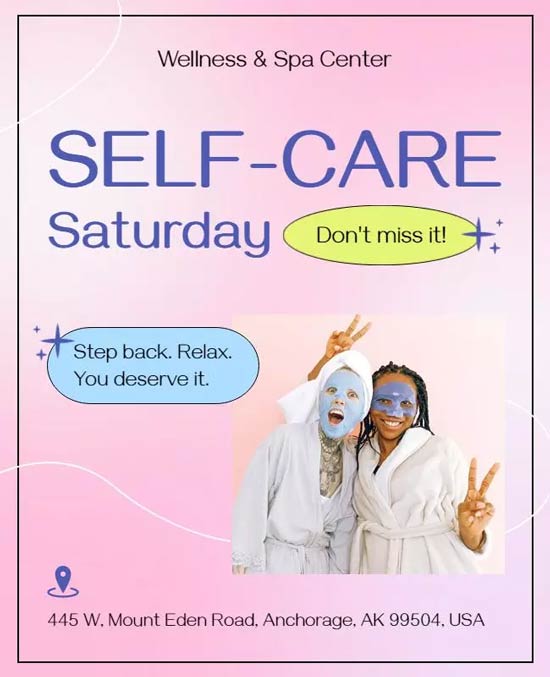 Self-Care Spa Day Event Flyer Showcasing Relaxation Services and Pampering Activities