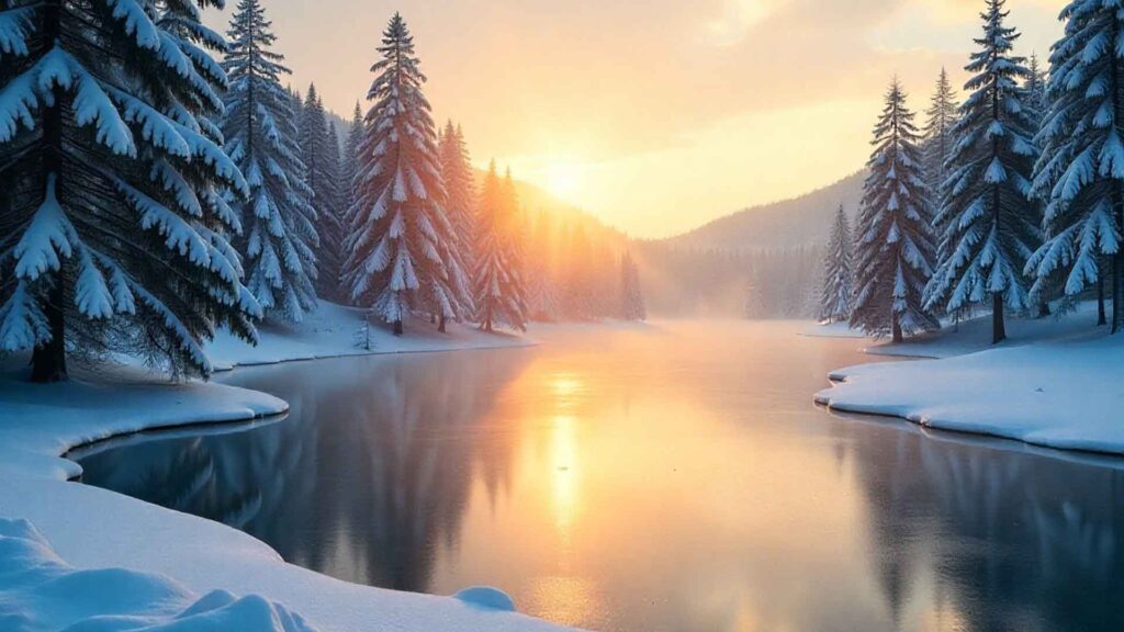 Serene Frozen Pond At Sunrise Wallpaper