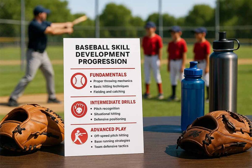 Baseball skill development progression chart showing fundamental to advanced pathways
