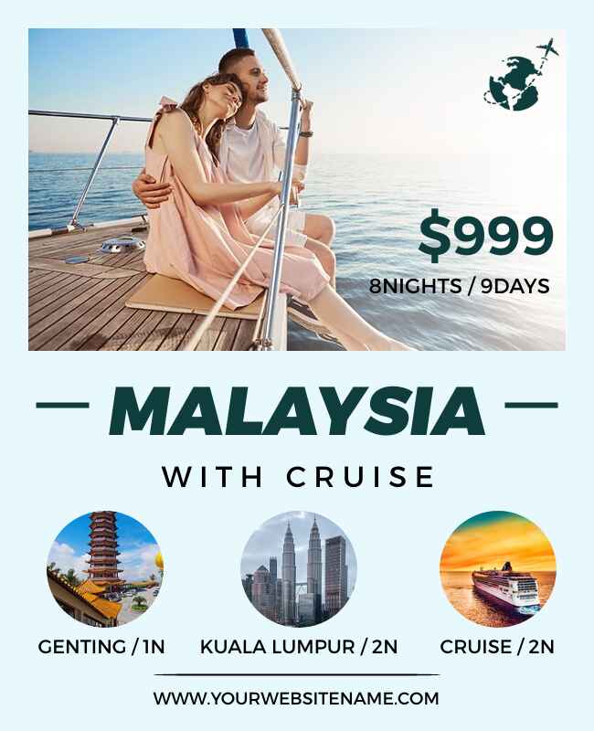 Sky blue and green Malaysia flyer template promoting tropical getaways.