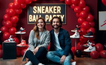 Stylish Sneaker Ball party with balloons, a banner, and a smiling couple