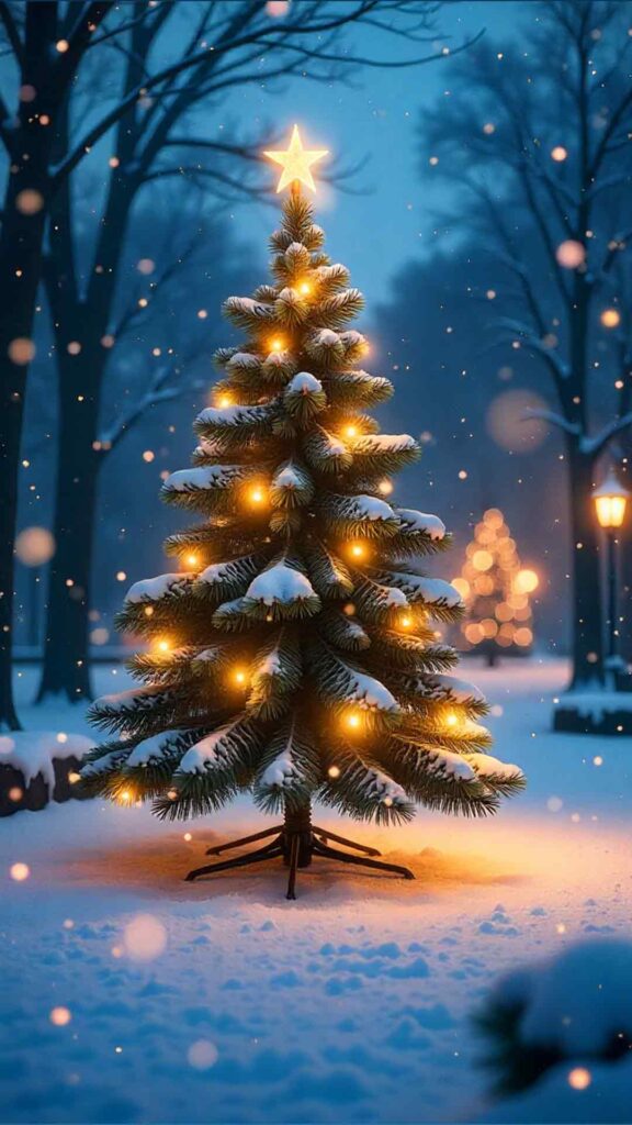 Snow Falling on Decorated Outdoor Christmas Tree Background