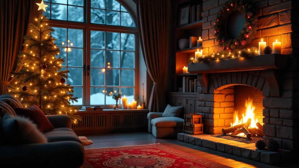 Snow Night Through Window With Hearth Background