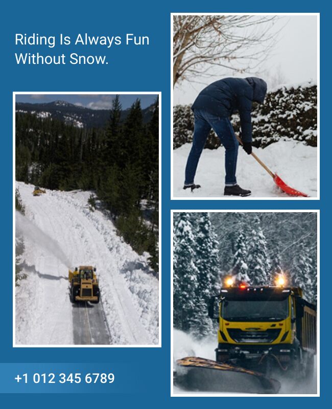 flyer with a blue theme and photo collage for snow removal services.