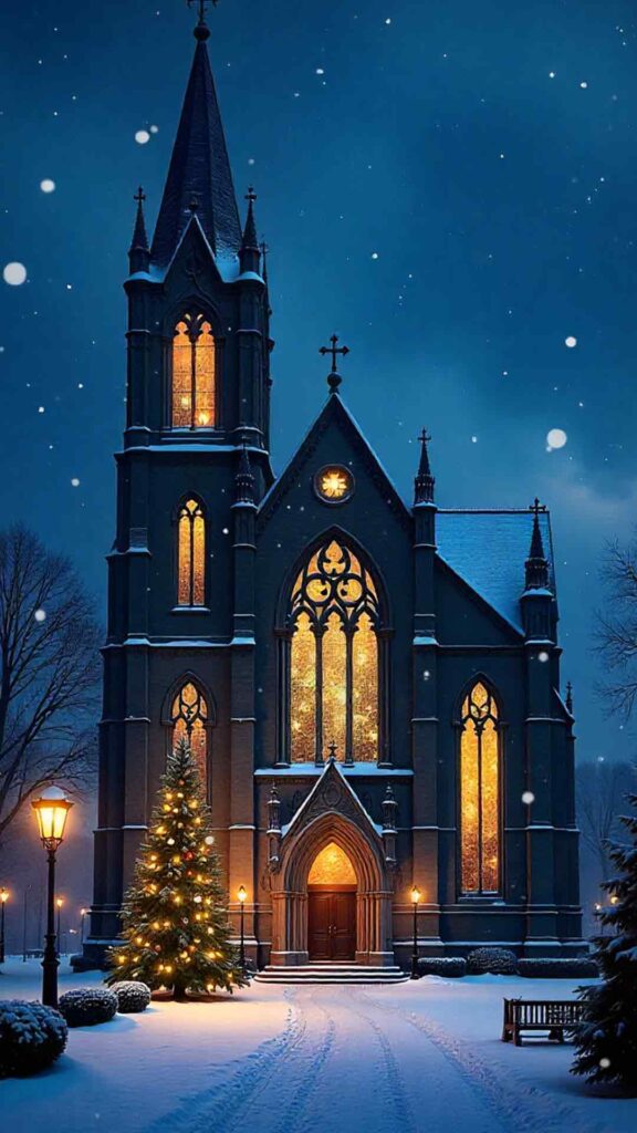Snowy Cemetery With Christmas Lanterns Wallpaper