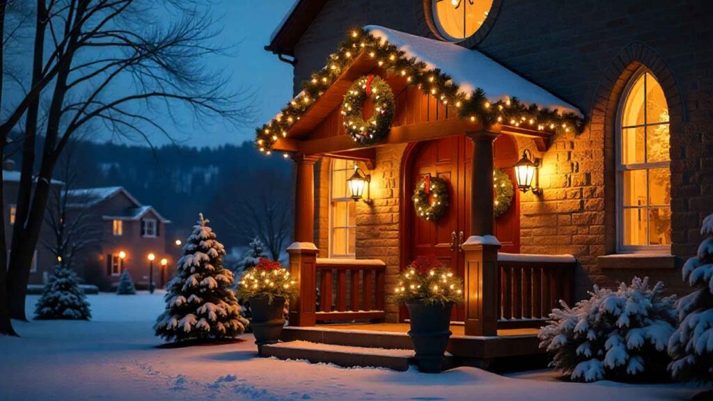 Snowy Church With Holiday Decorations Wallpaper