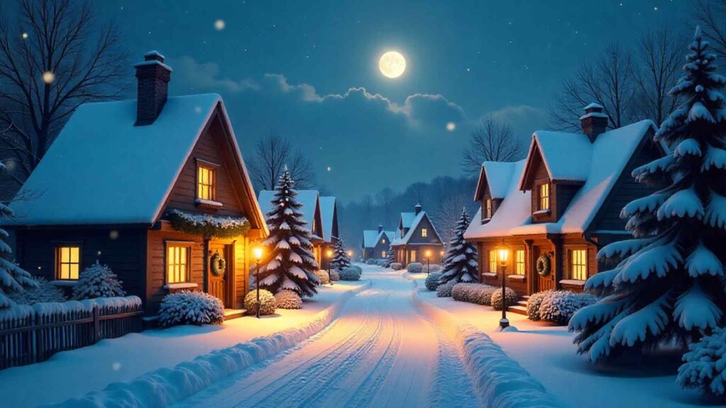 Snowy Village at Night Christmas Background