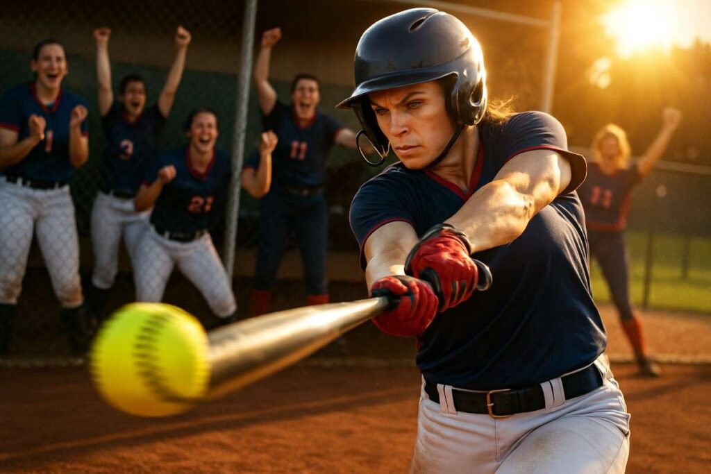 A woman swings a baseball bat, aiming at a ball in mid-air during a game.