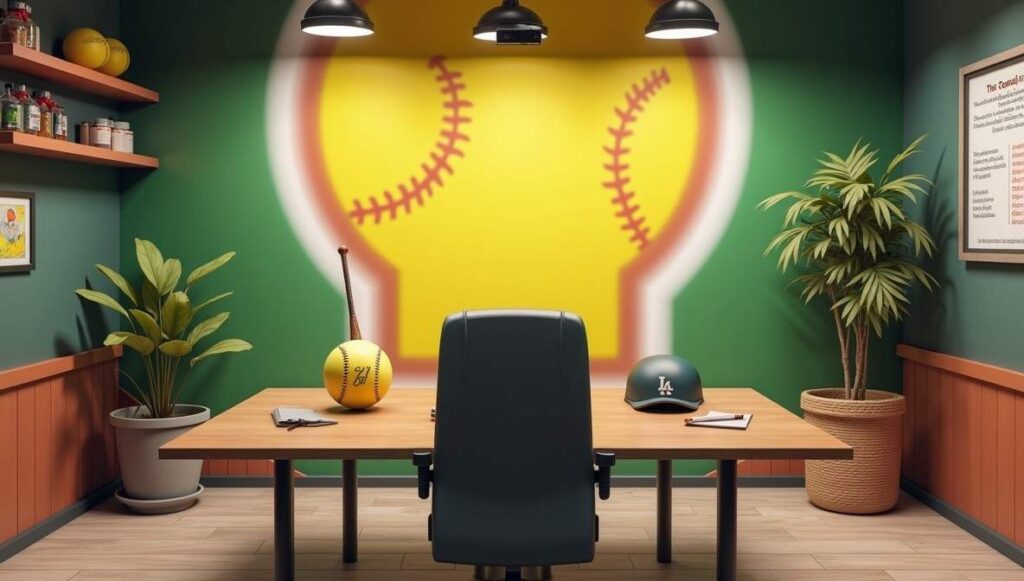 A baseball-themed office with a desk and green plant, blending sport and professionalism.