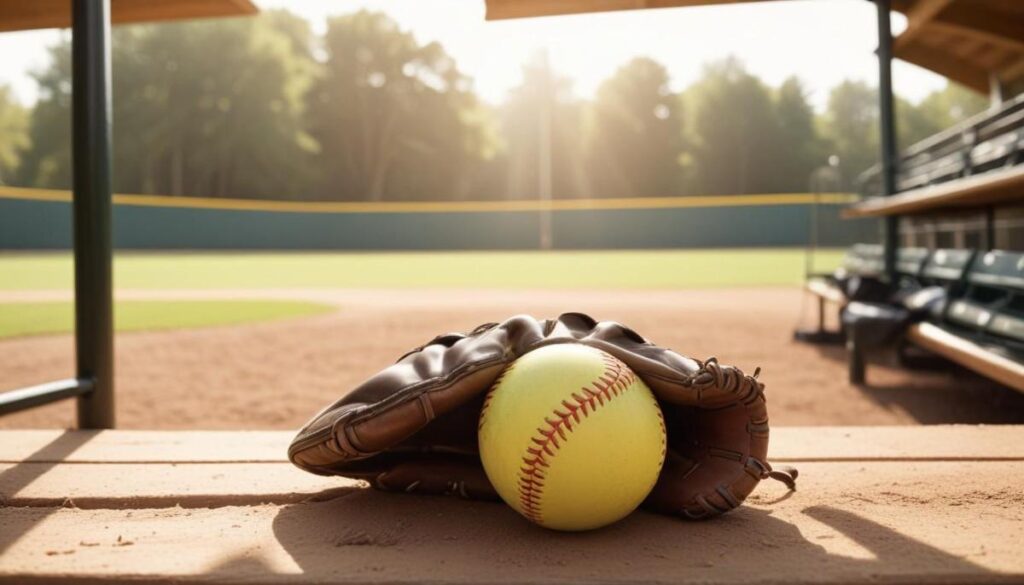 A softball and glove sit on a bench, ready for the next game.
