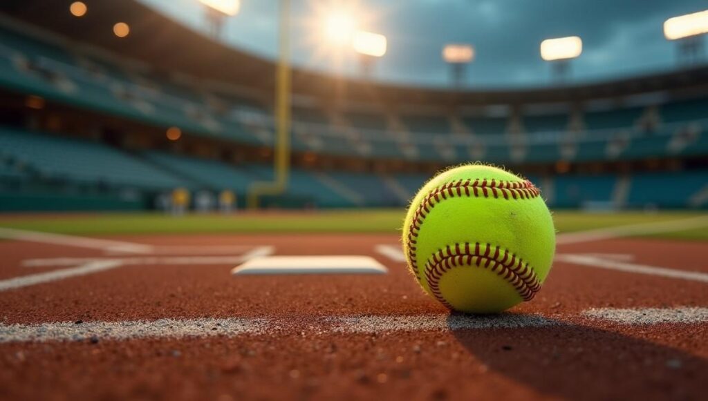  softball resting on the field under the night sky, illuminated by nearby lights.