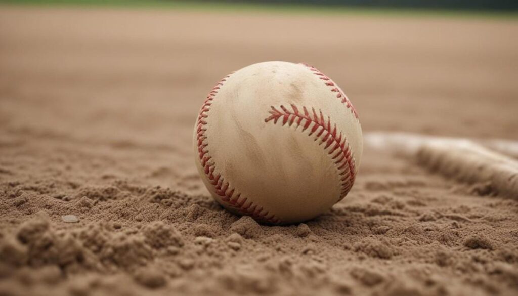 Close-up of a baseball on dirt, with bat and ball blurred in the background.