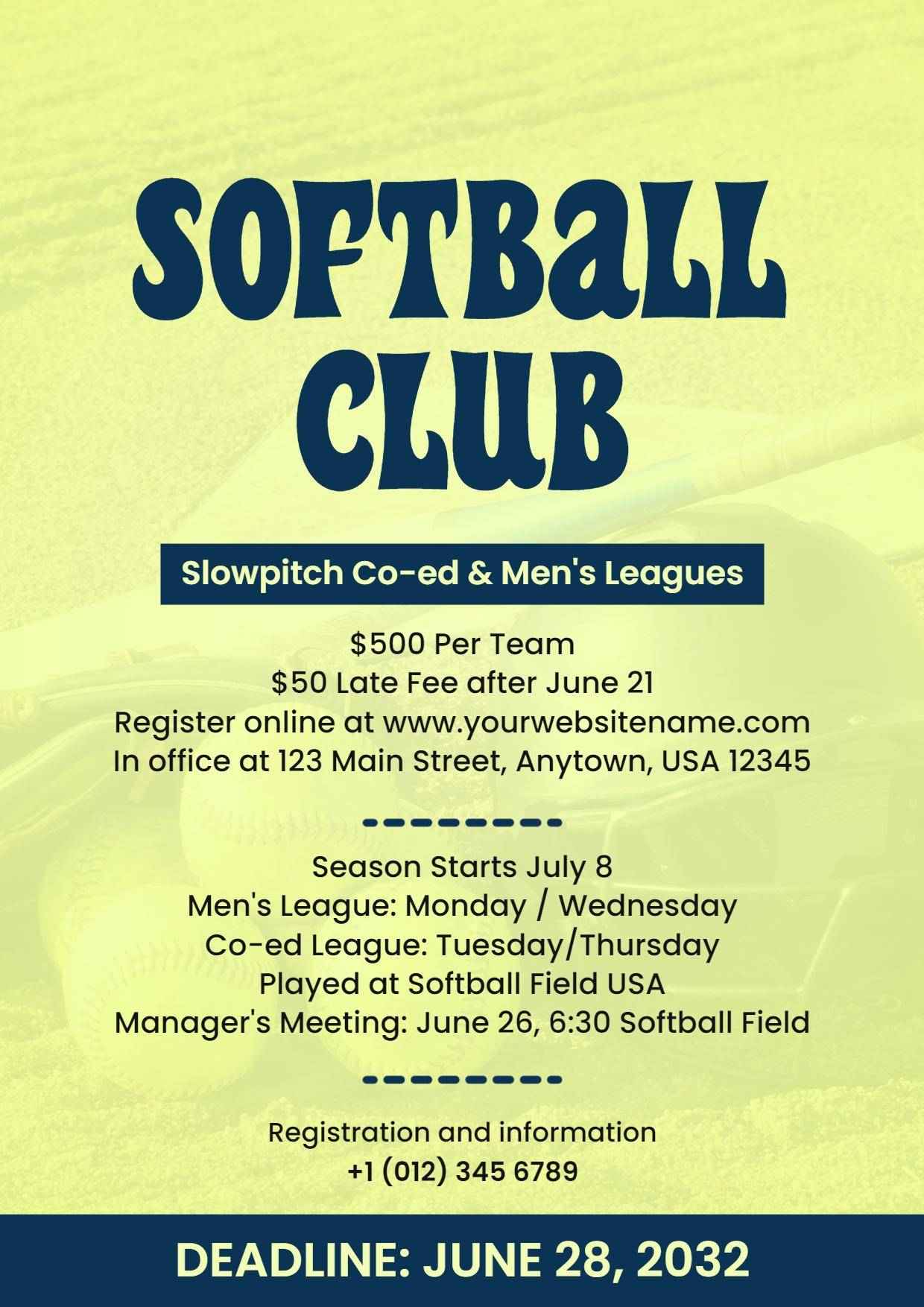 Softball Club Registration Event A4 Flyer
