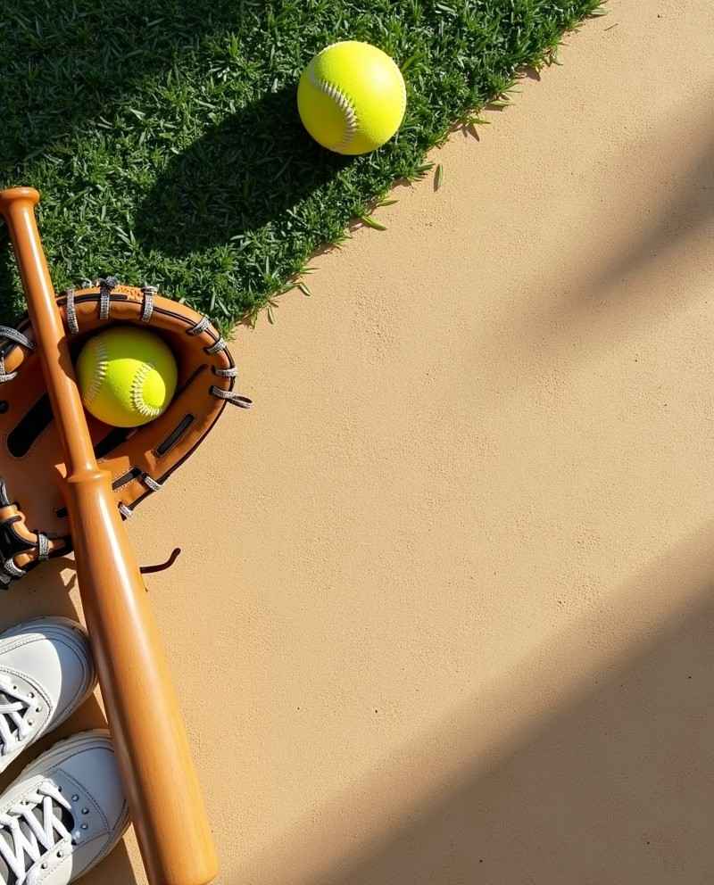 A baseball bat, glove, and ball resting on a grassy field under clear blue skies.