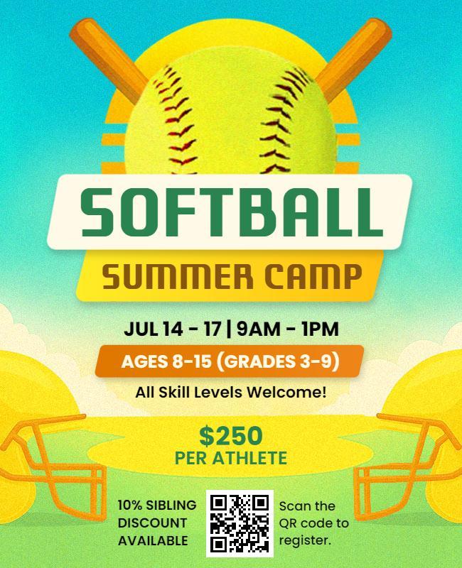Softball Summer Camp Kids Sports Event Flyer Template