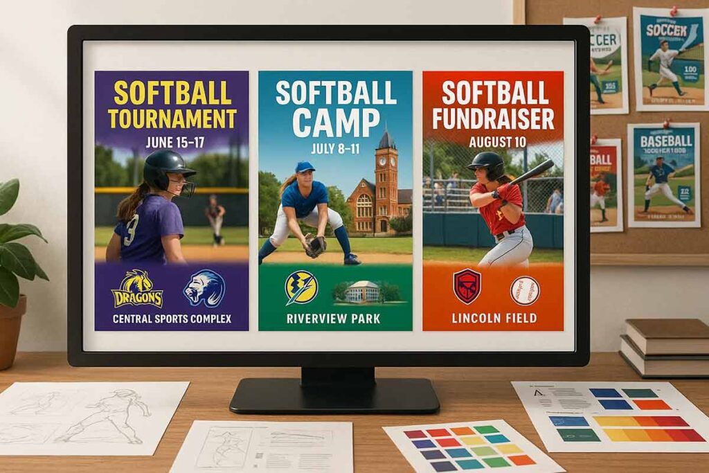 Professional softball flyer templates showing customization options