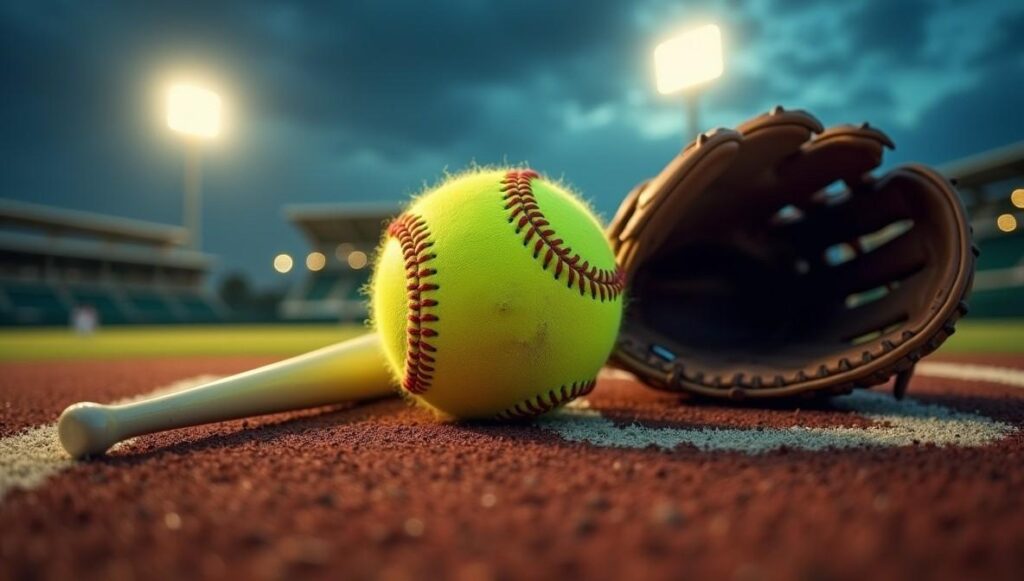 baseball resting in a glove on a green baseball field under a clear blue sky.