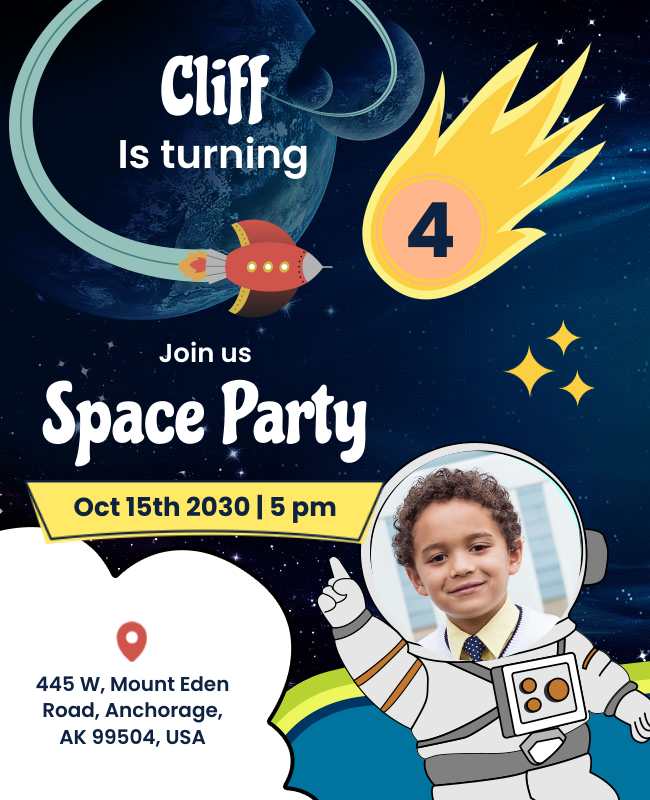 Vibrant space flyer with rockets and astronauts for a kids' birthday party.