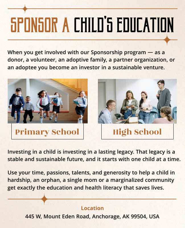 Child education flyer encouraging support for children's education while offering community recognition.