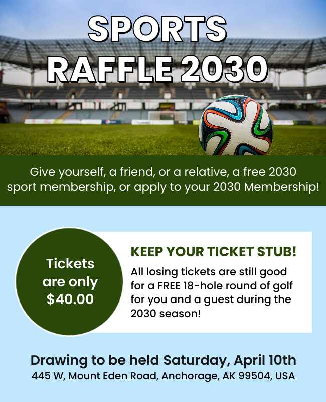 Sports-themed raffle flyer featuring dynamic design, prizes, and event details