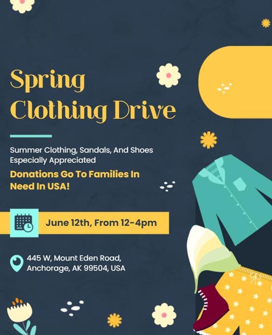 Spring Clothing Drive Flyer Featuring Vibrant Colors and Call to Action for Donations