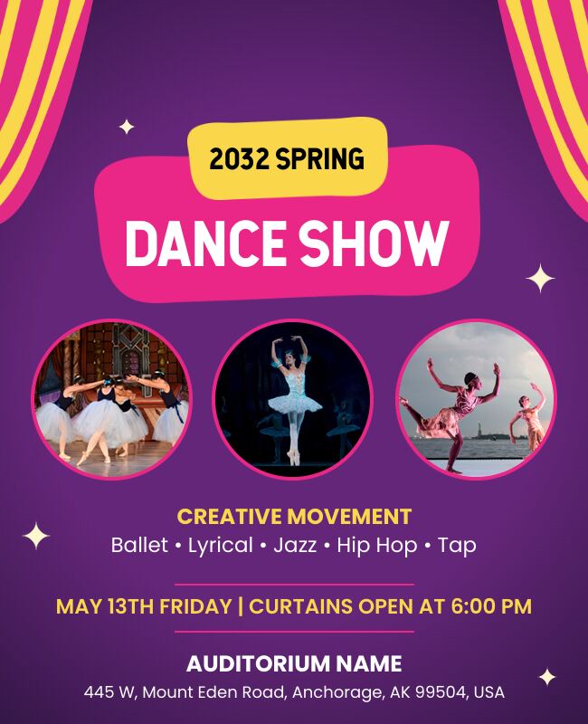 Flyer template for a spring dance show with floral design elements and event information.