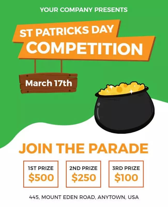 Patrick's Day Competition and Parade Flyer with Festive Green Design