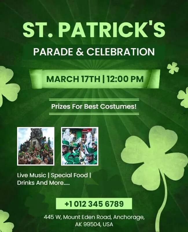 Patrick's Day Parade and Celebration Flyer with Gold Elements