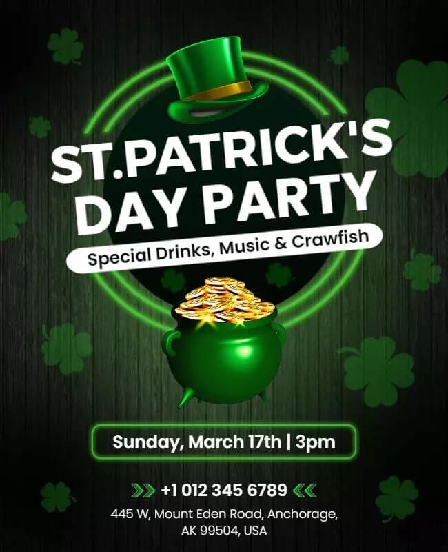 Patrick's Day Party Celebration Flyer with Green and Gold Design