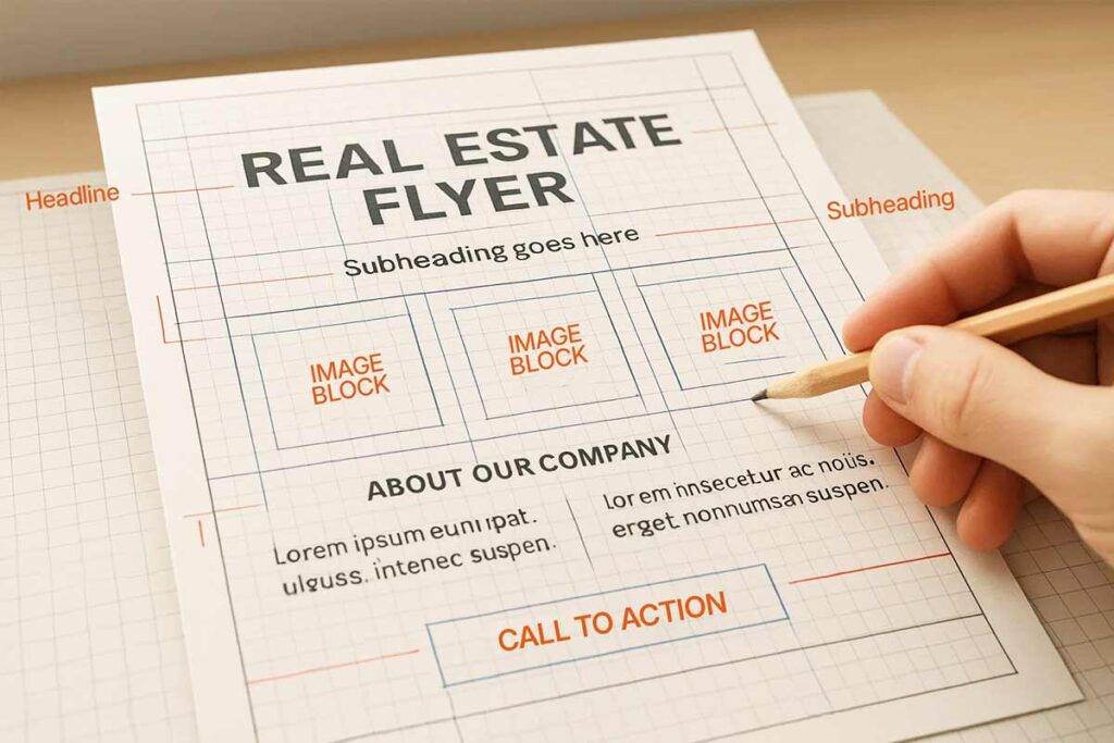 Professional real estate flyer template with property details, agent info, and a clear call to action.