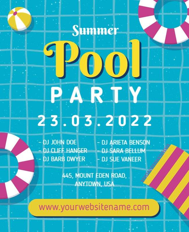 Vibrant pool party flyers with palm trees, cocktails, sunset, and wave patterns for a tropical vibe