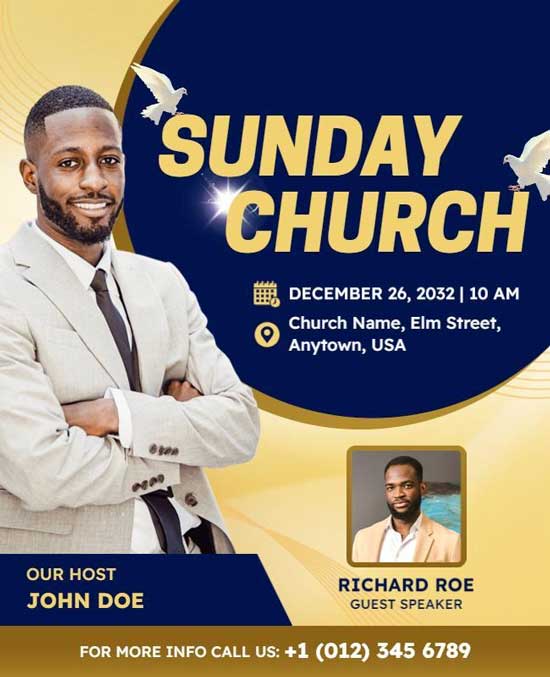 Sunday Church Service Event Flyer With Worship Timings, Location, and Inspirational Imagery