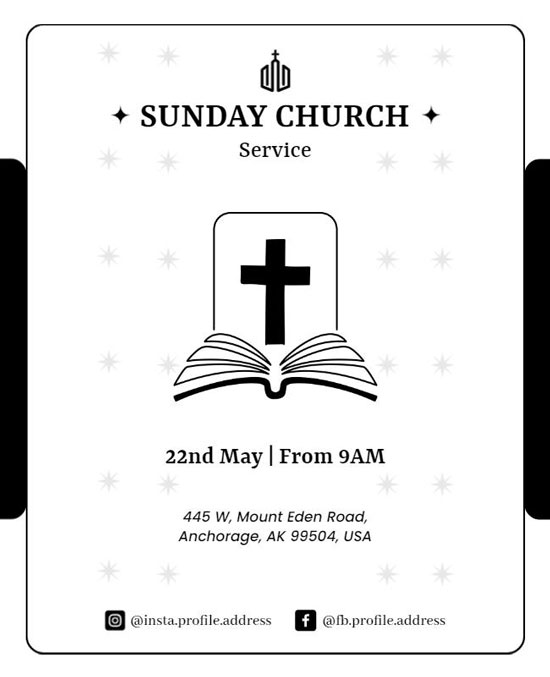 Sunday Church Worship Service Flyer Highlighting Schedule, Address, and Themes