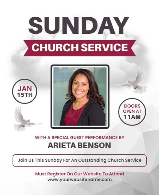 Sunday Service Flyer Featuring Guest Performance Details and Clear Designs