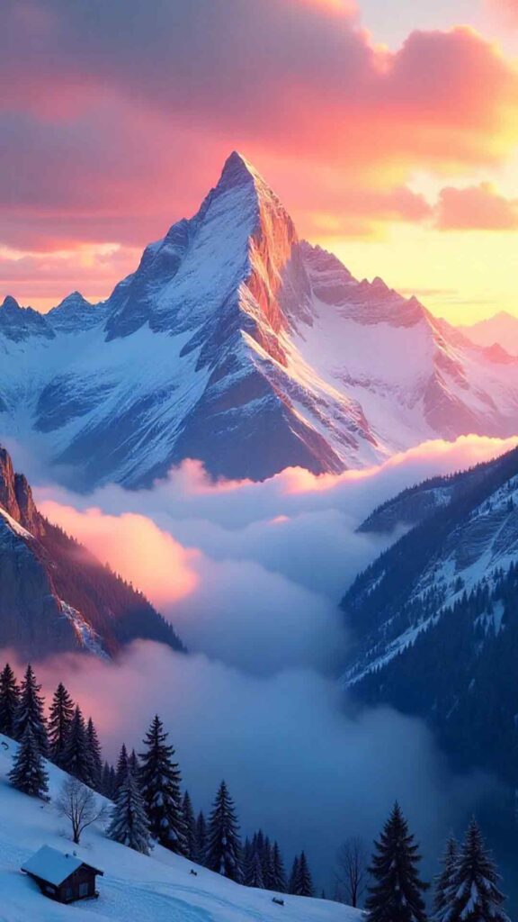 Sunrise Over Snowy Mountains Background