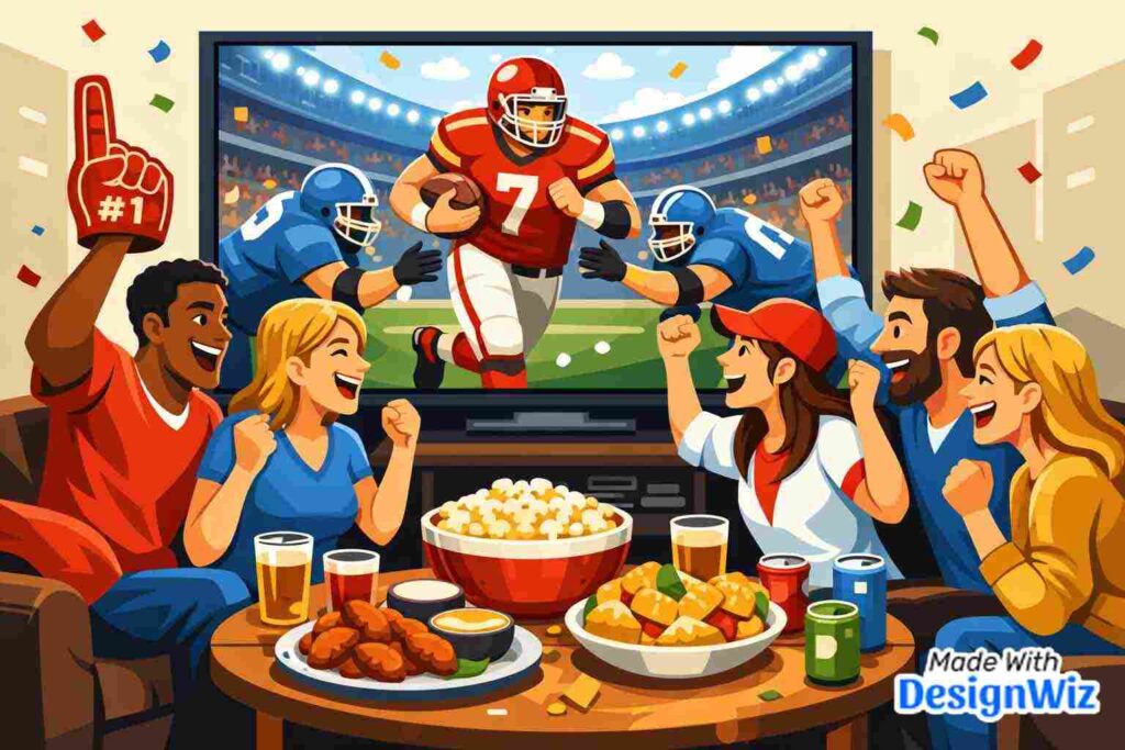 super bowl image with group and big screen