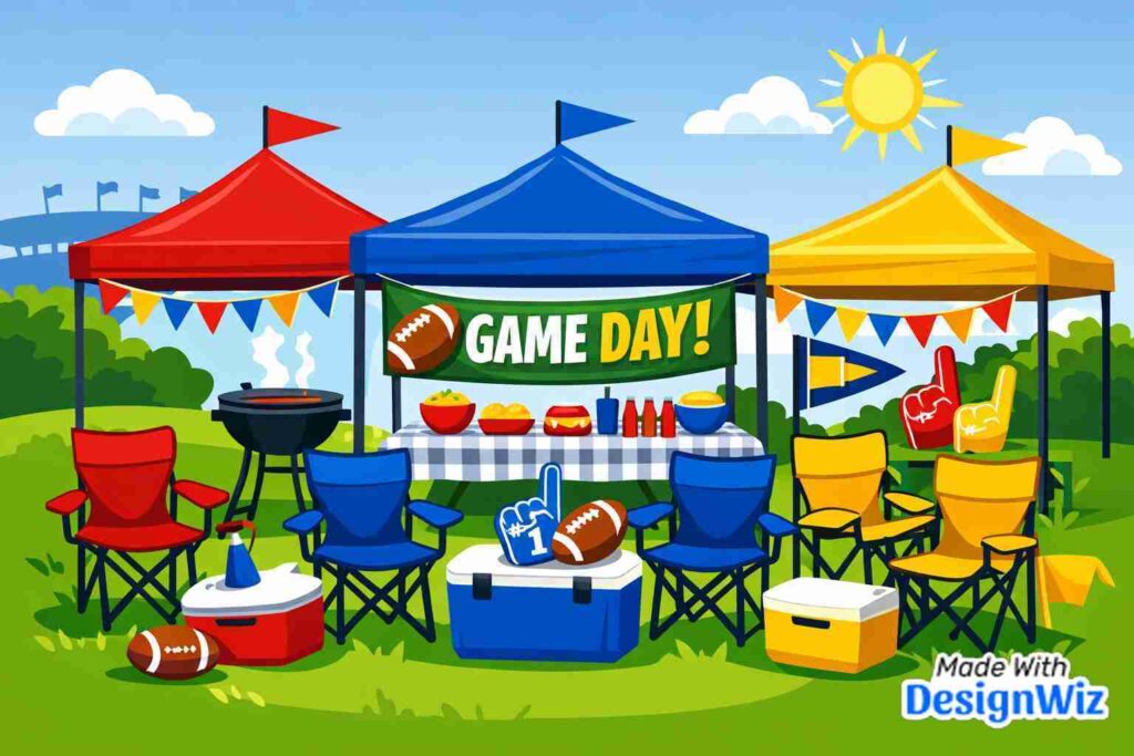 super bowl image with outdoor setup tents and chairs