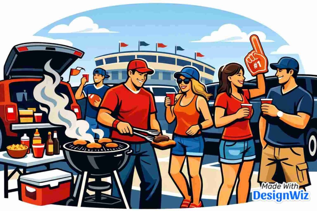 super bowl image with tailgate party in parking lot