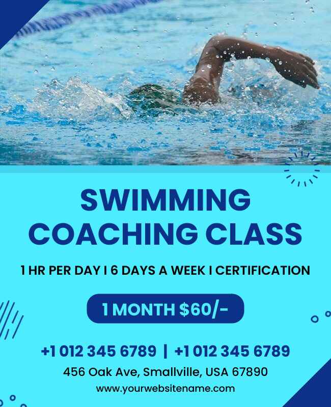 Swimming class flyer with water-themed visuals and class details.