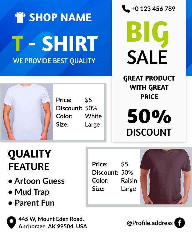 T-shirt sale flyer with clear details on discounts, bundles, and exclusive offers