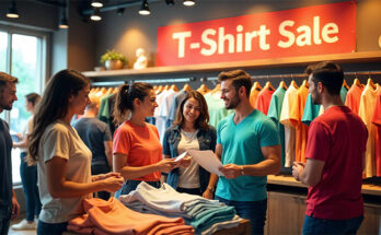 Vibrant t-shirt shop with a 'T-Shirt Sale' banner, shoppers browsing various designs, and a friendly seller assisting a customer