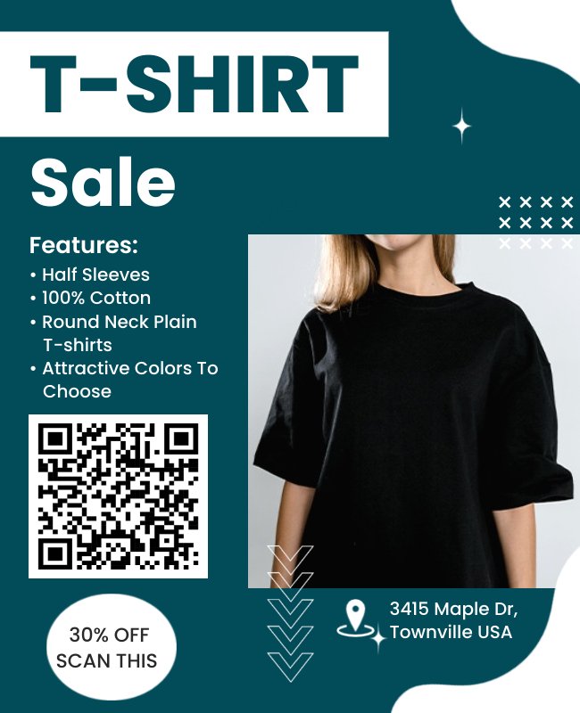 Interactive T-shirt sale flyer featuring a QR code for easy access to discounts or more details