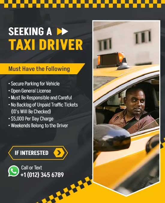 Taxi Driver Job Opportunity Flyer Highlighting Hiring Requirements and Benefits